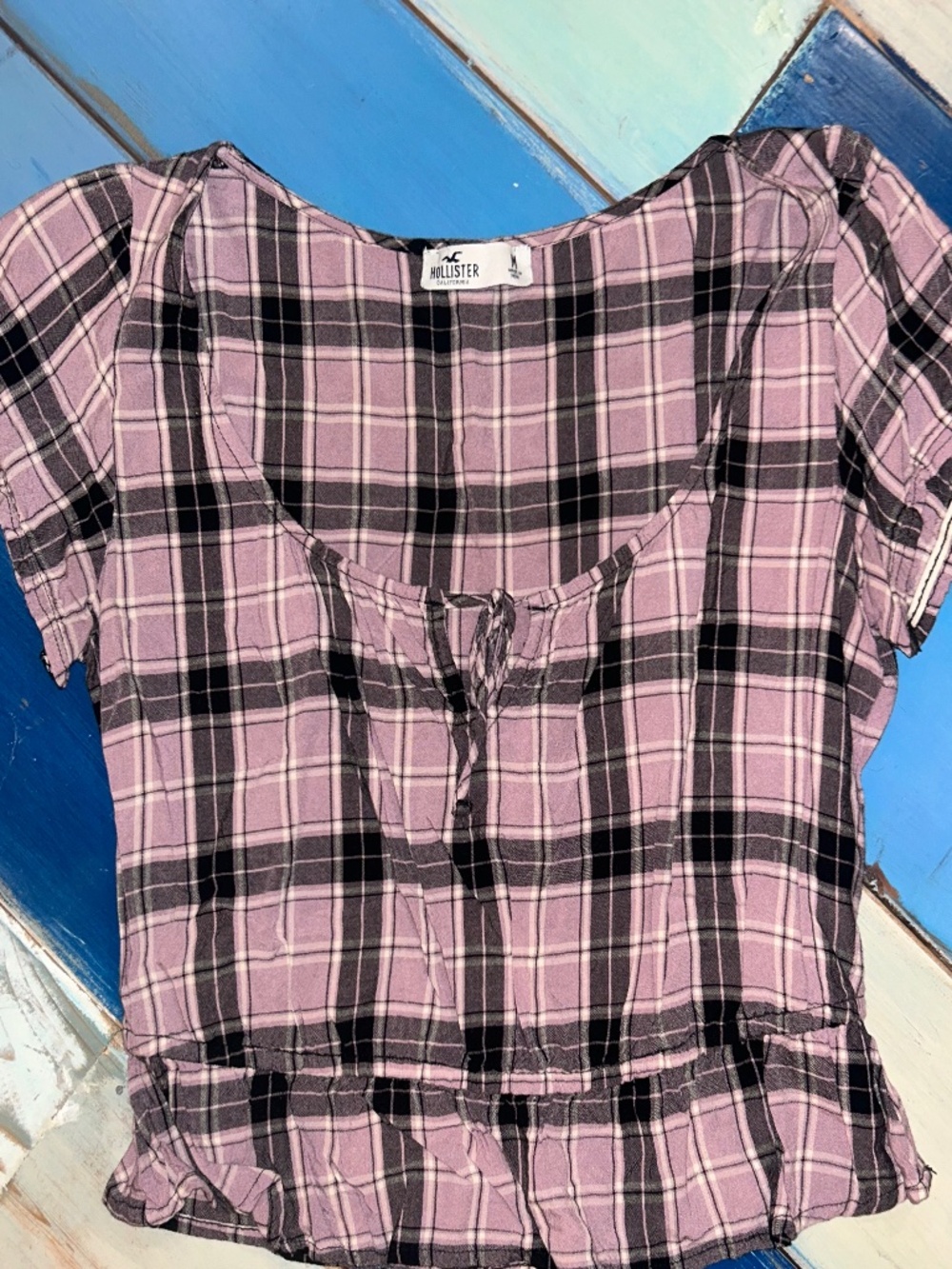 Hollister Lilac & Black Plaid Tie Front Peasant Blouse Women's Medium Boho Top